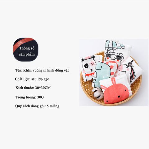  Set Combo 5 Khăn Xô Muslin 6 lớp 100% Cotton Siêu Mềm, Khăn Rửa Mặt Cho Bé Hàng Cao Cấp Kích Thước 30x30 cm 