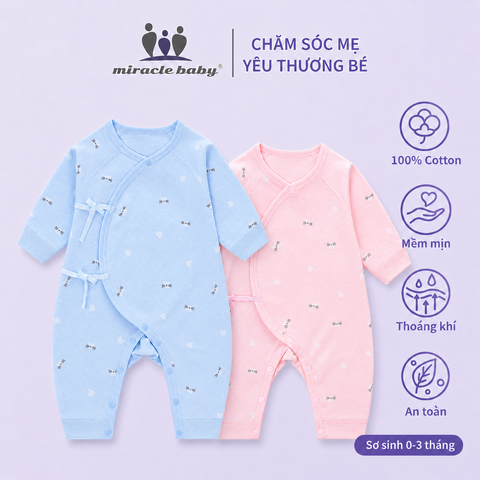  MiracleBaby - Bodysuit cột dây sơ sinh chất liệu Cotton cho bé sơ sinh từ 0 đến 3 tháng co giãn, mềm mại, thấm hút tốt 