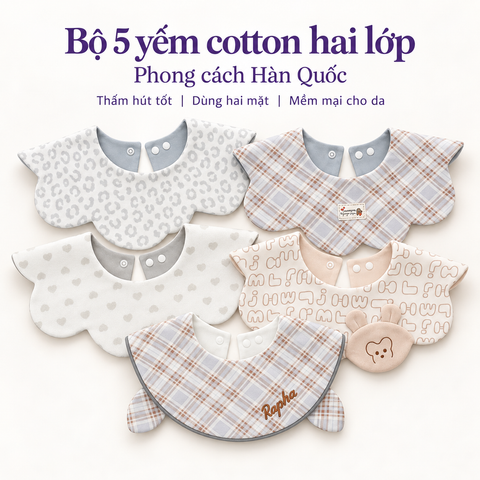  Set 5 Yếm Bib Cao Cấp Cho Bé, Phong Cách Hàn Quốc, Họa Tiết Caro Trái Tim Hoa Nhí, Xinh Xắn Dễ Phối Đồ 