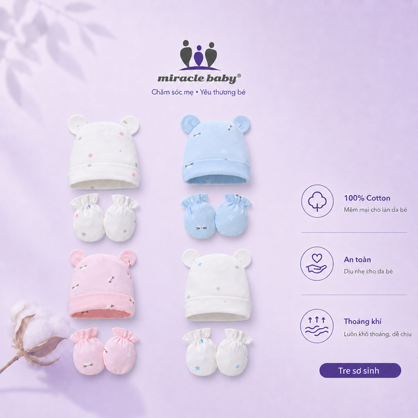  MiracleBaby -Nón kèm bay tay Mèo cho bé chất liệu Cotton nguyên chất co giãn, mềm mại, thấm hút mồ hôi tốt 