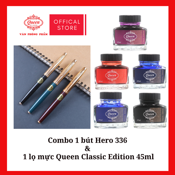 Combo 1 bút máy Hero 336 & 1 lọ mực Queen Classic Edition 45ml
