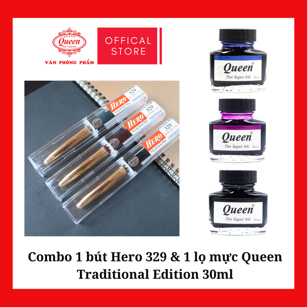Combo 1 bút Hero 329 & 1 lọ mực Queen Traditional Edition 30ml