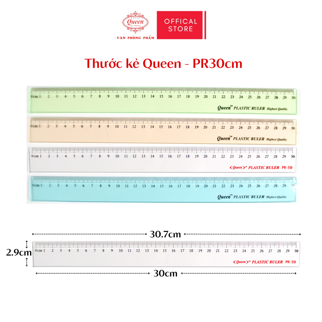 Thước nhựa 30cm - Màu Trắng Trong/Xanh/Xanh Lá/Hồng - Queen (Nữ Hoàng)