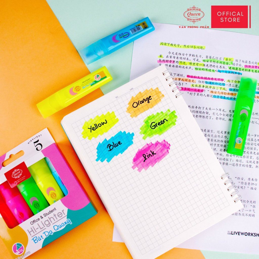 Bút dạ quang Queen HL-02 (5 bút, 5 màu)