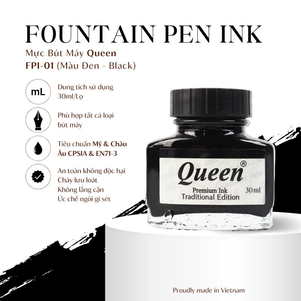 Mực bút máy Queen - FPI-01 30ml - Tím/Dương/Đen - Tiêu chuẩn an toàn & chất lượng Mỹ & Châu Âu
