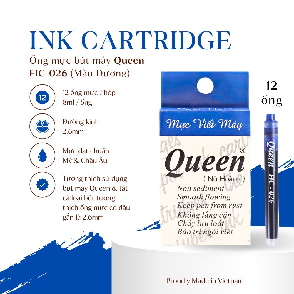 Ống mực bút máy Queen - FIC026 (đầu gắn 2.6mm) - Tím/Dương/Đen - 12 ống/hộp - Tiêu chuẩn Mỹ & Châu Âu