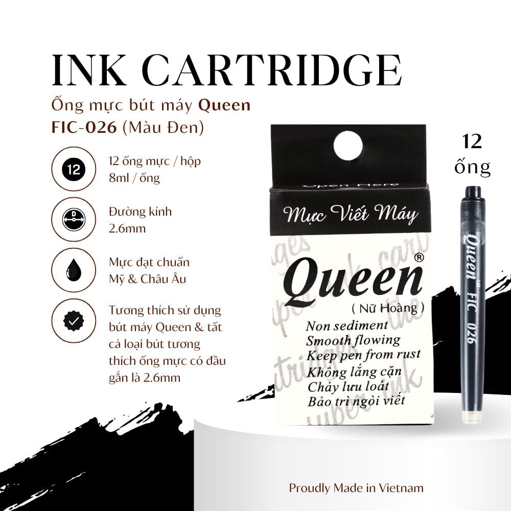 Ống mực bút máy Queen - FIC026 (đầu gắn 2.6mm) - Tím/Dương/Đen - 12 ống/hộp - Tiêu chuẩn Mỹ & Châu Âu