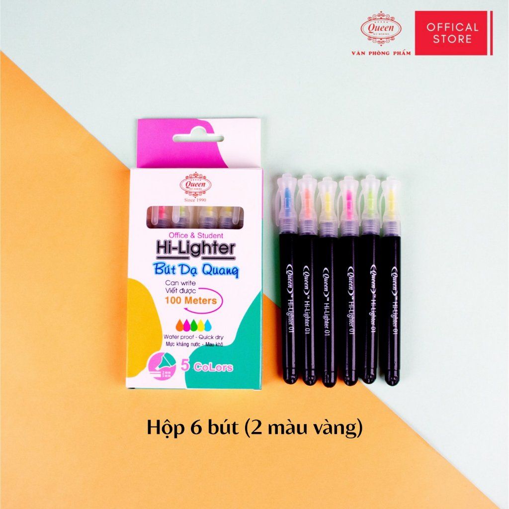 Bút dạ quang Queen (6 bút, 2 màu vàng) - HL-01