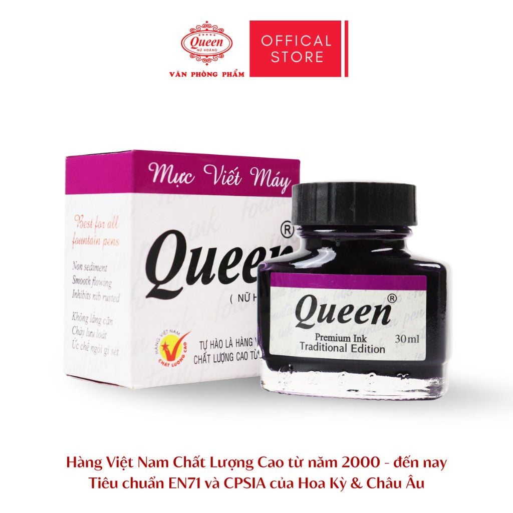 Mực bút máy Queen - FPI-01 30ml - Tím/Dương/Đen - Tiêu chuẩn an toàn & chất lượng Mỹ & Châu Âu