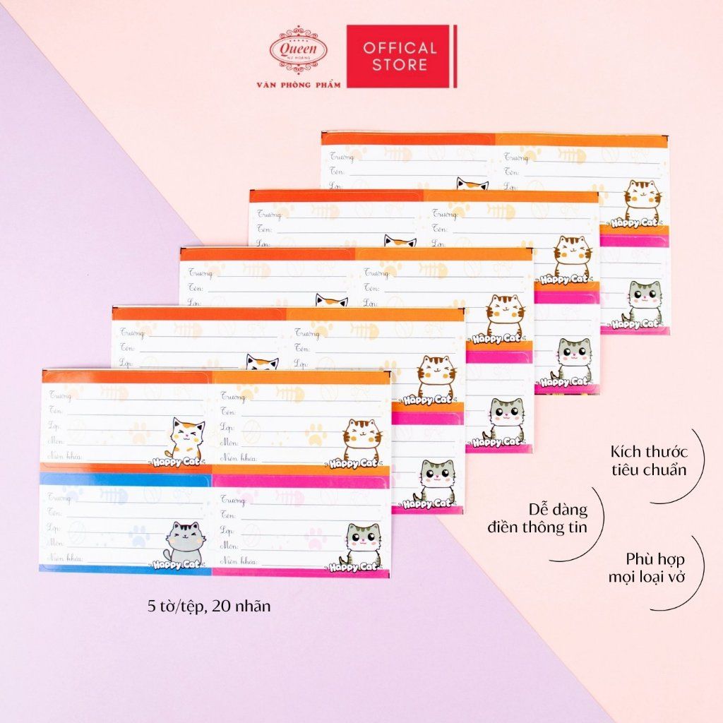 Nhãn vở học sinh Happy Cat Queen - 20 nhãn/1 tệp - LB901 nhãn decal chất liệu tốt