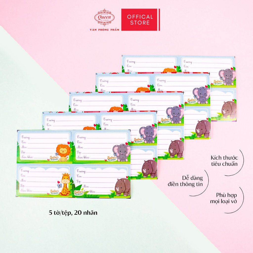 Nhãn vở học sinh Safari Friends Queen - 20 nhãn/1 tệp - LB901 nhãn decal chất liệu tốt
