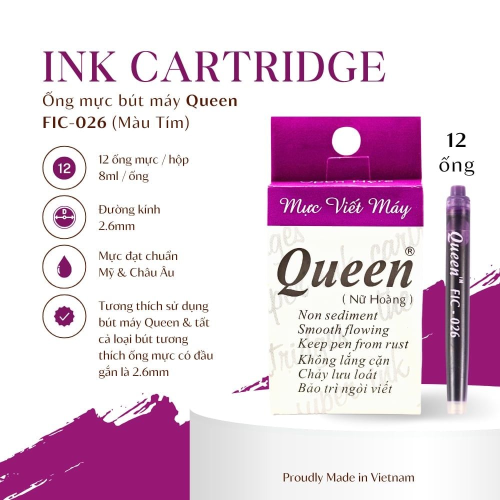 Ống mực bút máy Queen - FIC026 (đầu gắn 2.6mm) - Tím/Dương/Đen - 12 ống/hộp - Tiêu chuẩn Mỹ & Châu Âu