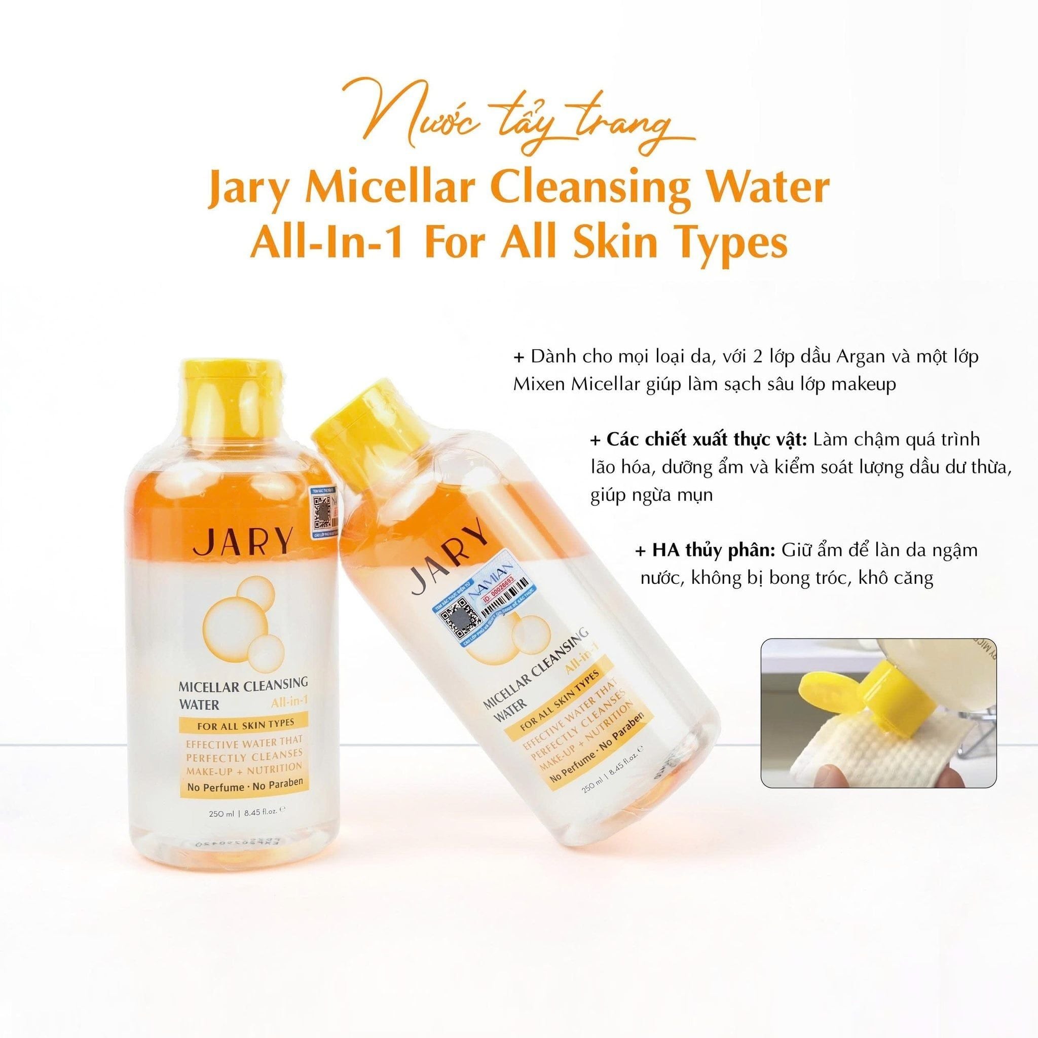 NƯỚC TẨY TRANG JARY MICELLAR CLEANSING WATER MÀU VÀNG - DÀNH CHO MỌI LOẠI DA, DA MAKE-UP