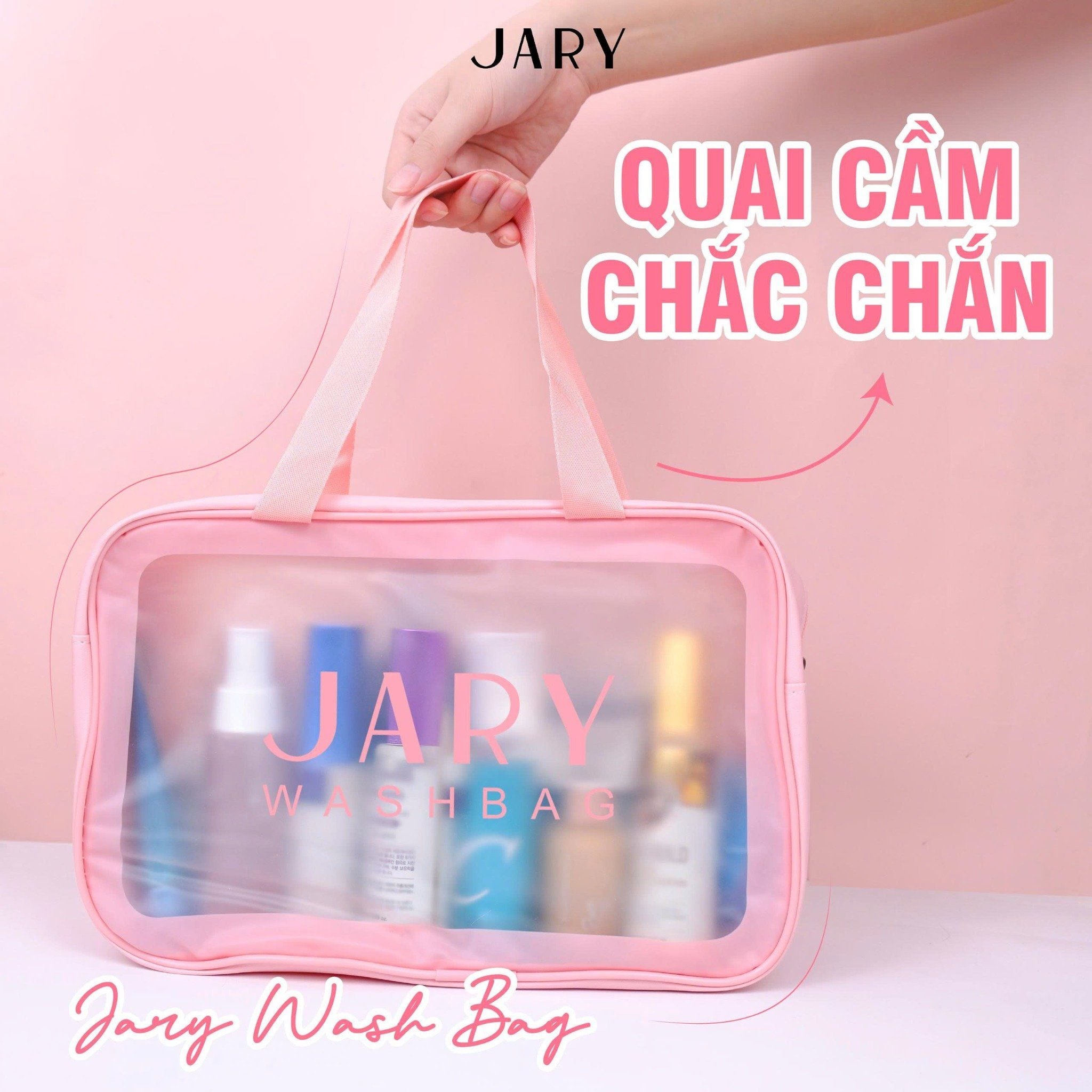 TÚI ĐỰNG MỸ PHẨM TRONG SUỐT JARY WASH BAG - MÀU HỒNG - SIZE 29.5X10.5X20