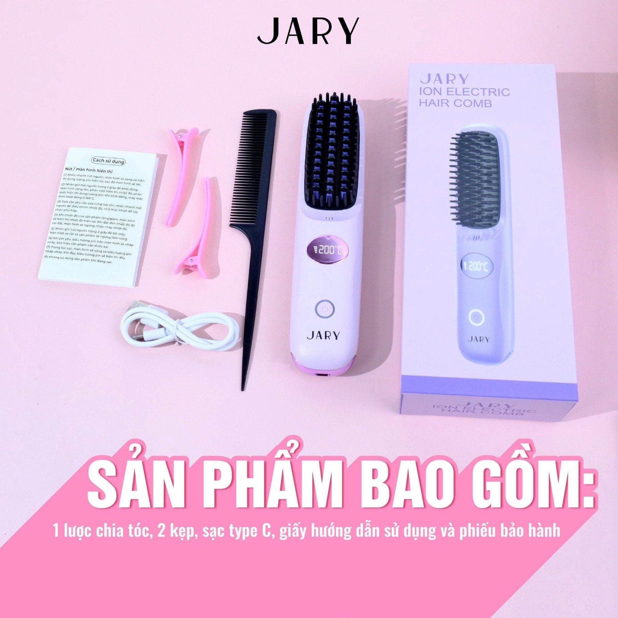 LƯỢC ĐIỆN CHẢI TÓC KHÔNG DÂY ION ÂM JARY ION ELECTRIC HAIR COMB - MÀU TRẮNG