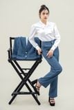  Bộ Áo Vest Nữ 2 Nút Vạt Vuông & Quần Suông Xanh Jean 