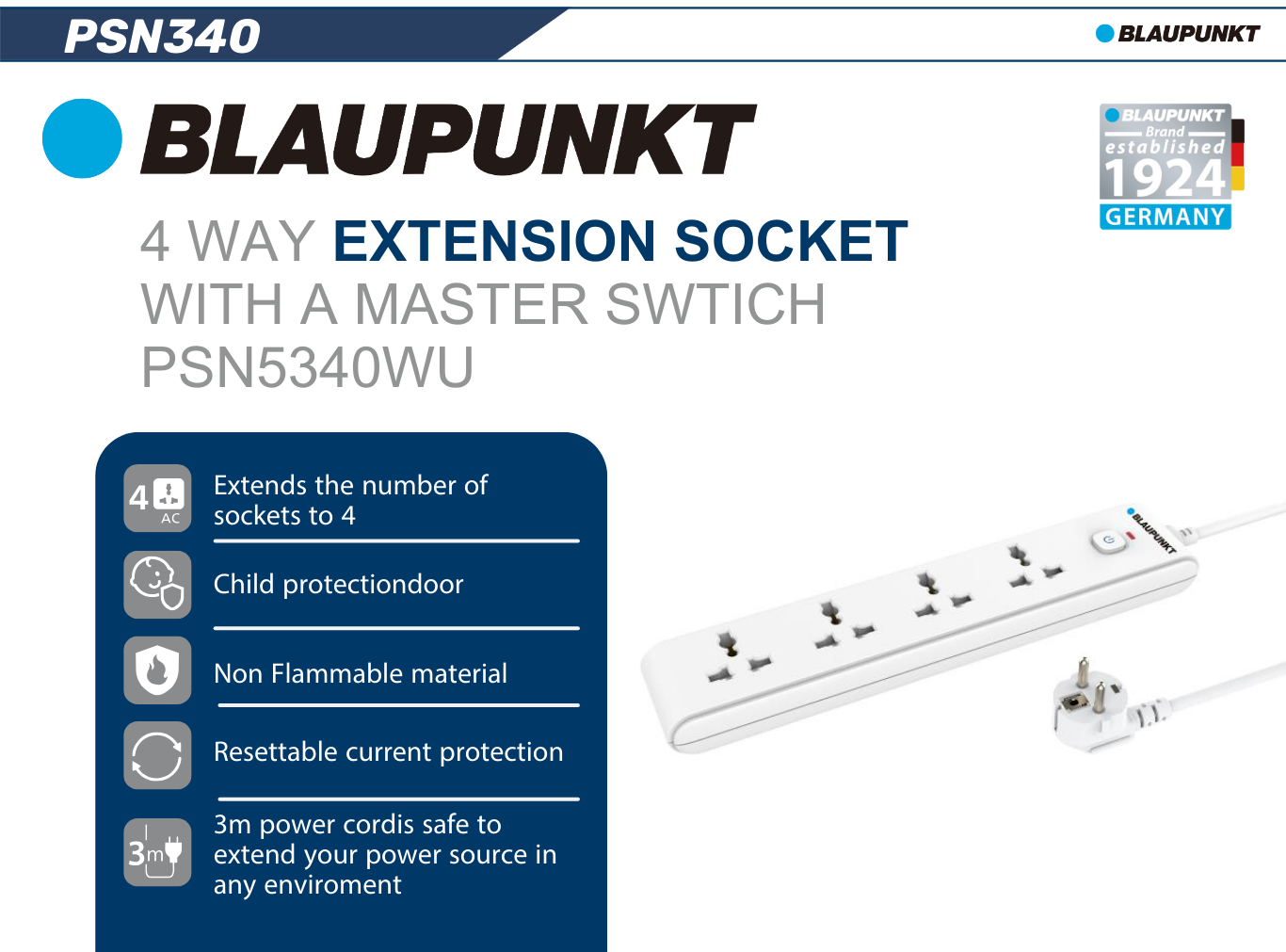  Ổ cắm điện Blaupunkt PSN5340, 4 ổ, Dây dài 3m, chống lửa, an toàn với trẻ em 