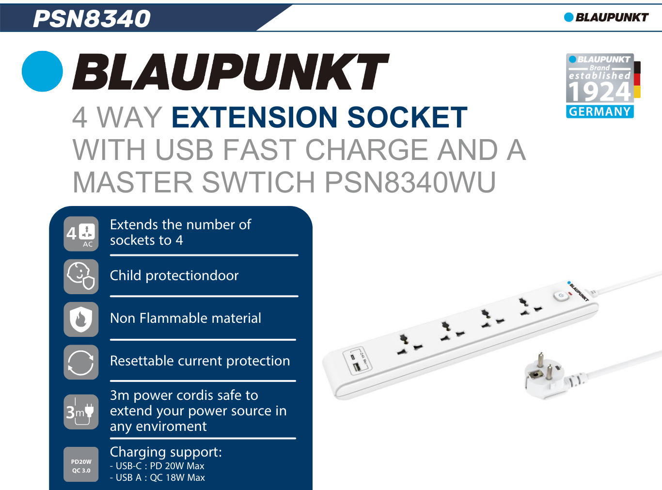  Ổ cắm điện Blaupunkt PSN8340, 4 ổ + USB-C + USB-A, PD20W, Dây dài 3m, chống lửa, an toàn với trẻ em 
