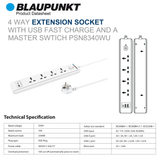  Ổ cắm điện Blaupunkt PSN8340, 4 ổ + USB-C + USB-A, PD20W, Dây dài 3m, chống lửa, an toàn với trẻ em 