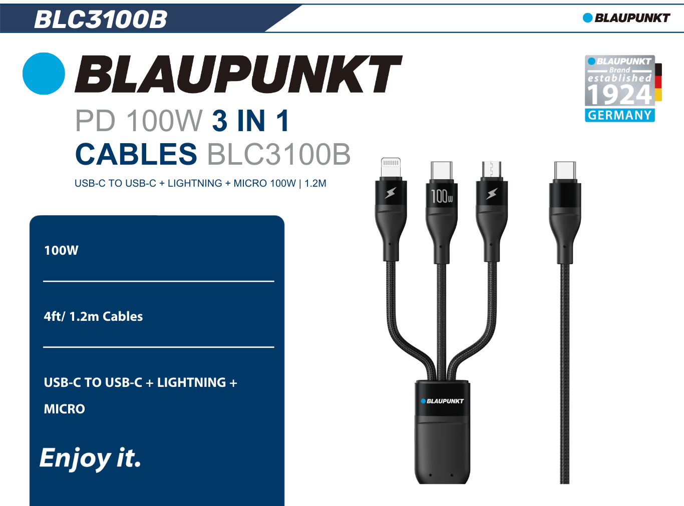  Cáp sạc 3-in-1 Blaupunkt BLC3100, PD100W, 1.2m, Type-C to USB-C + Lightning + Micro-usb 