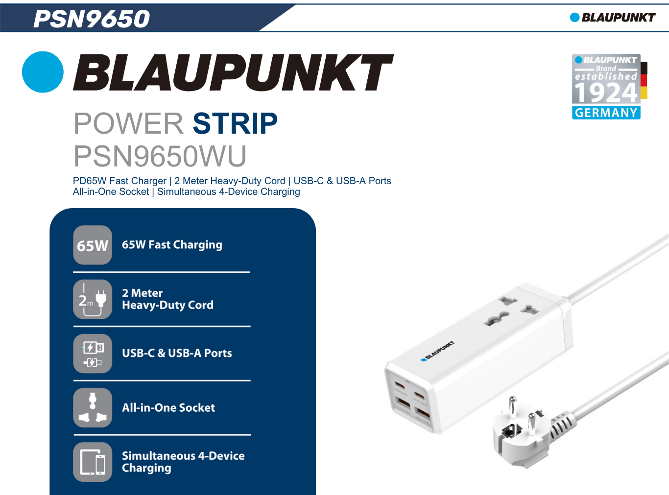  Ổ cắm điện Blaupunkt PSN9650, 2 USB-C + 2 USB-A, sạc nhanh PD65W, Dây dài 2m, chống lửa 