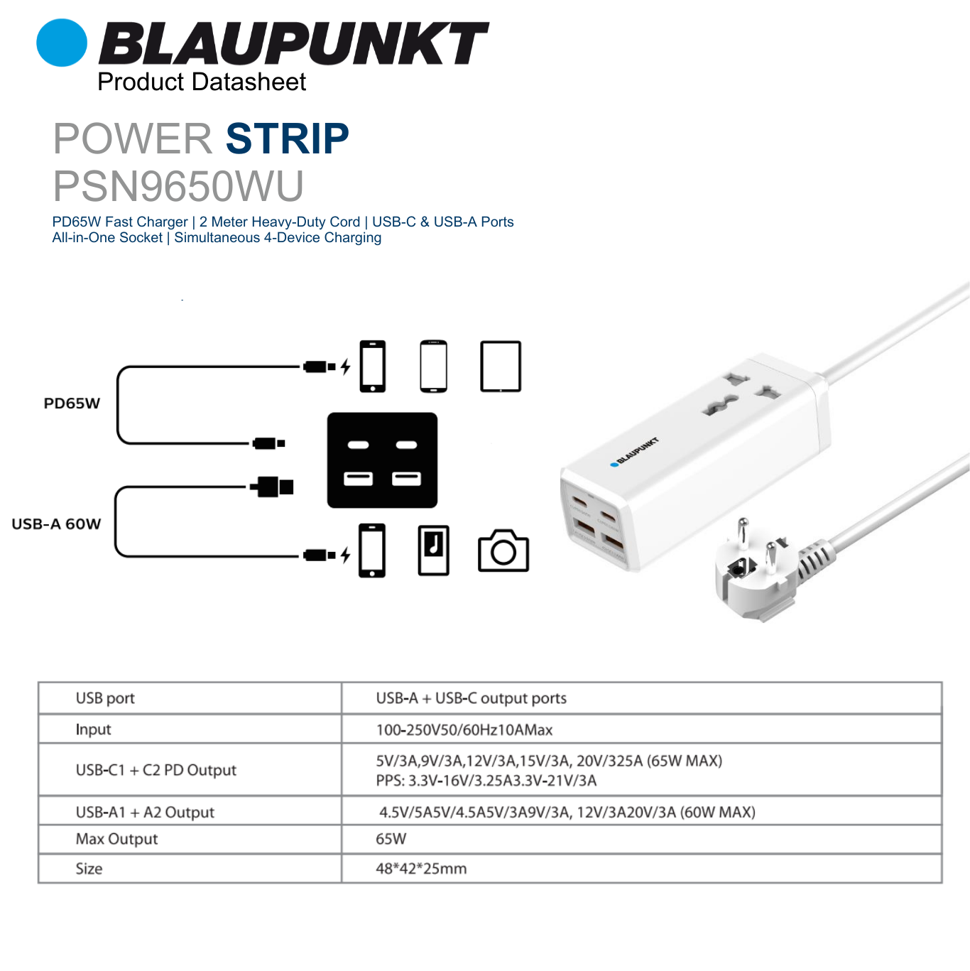  Ổ cắm điện Blaupunkt PSN9650, 2 USB-C + 2 USB-A, sạc nhanh PD65W, Dây dài 2m, chống lửa 