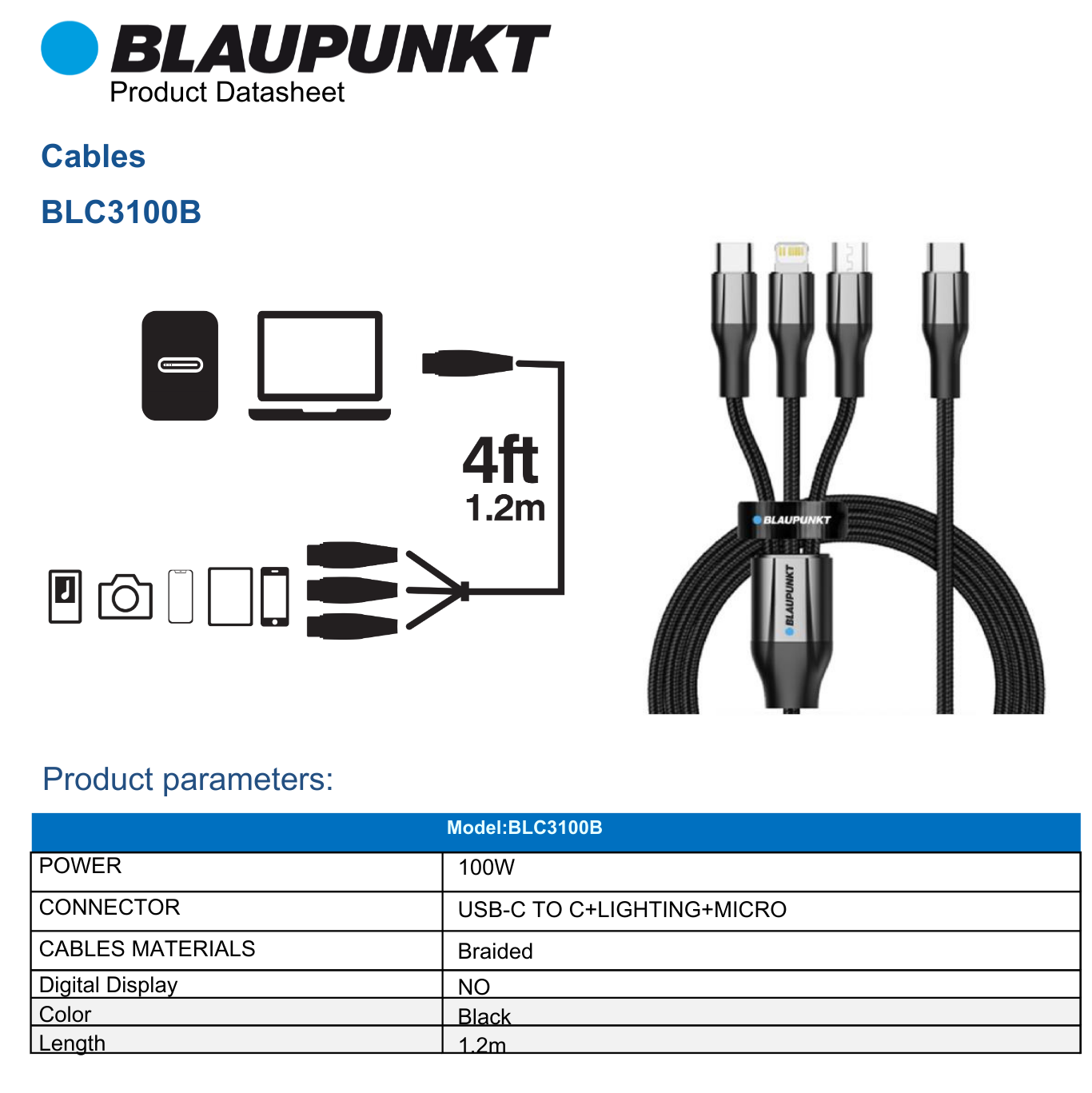  Cáp sạc 3-in-1 Blaupunkt BLC3100, PD100W, 1.2m, Type-C to USB-C + Lightning + Micro-usb 