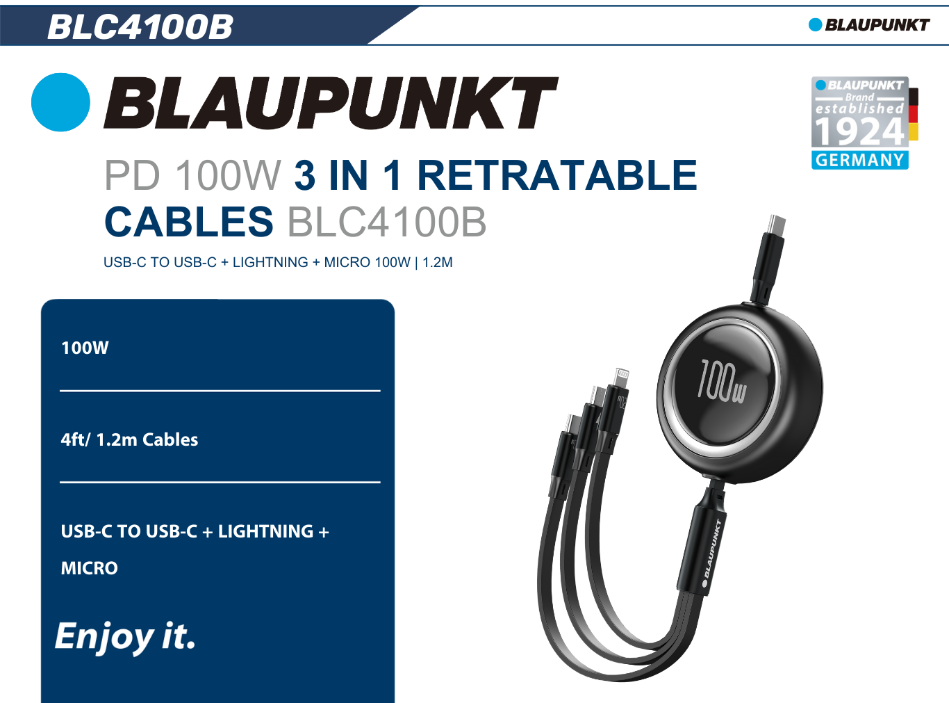  Cáp sạc 3-in-1 rút gọn Blaupunkt BLC4100, PD100W, 1.2m, Type-C to USB-C + Lightning + Micro-usb 