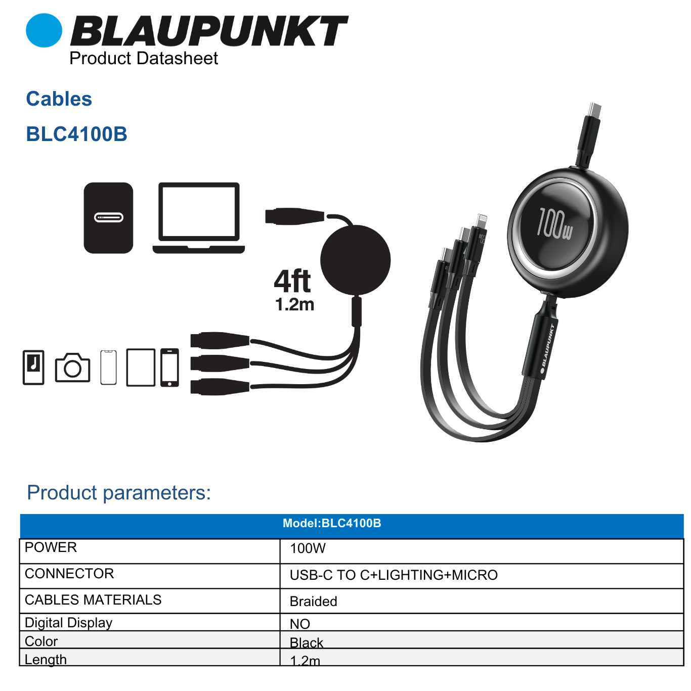  Cáp sạc 3-in-1 rút gọn Blaupunkt BLC4100, PD100W, 1.2m, Type-C to USB-C + Lightning + Micro-usb 