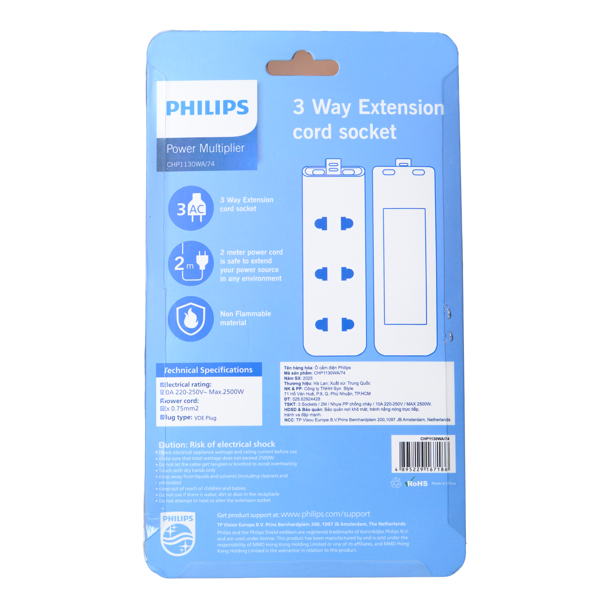  Ổ cắm điện Philips CHP1130WA, 3 lỗ, dây dài 2m, nhỏ gọn 
