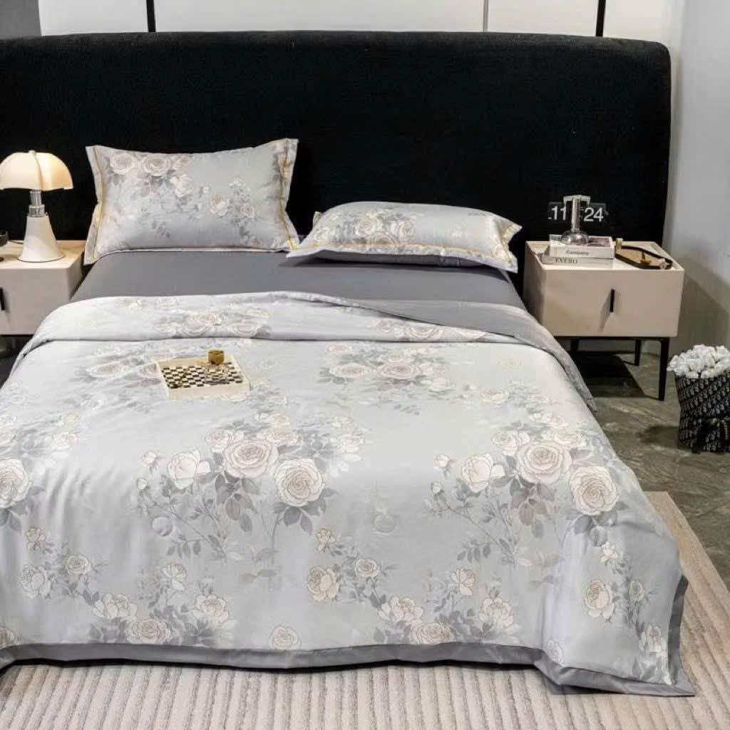  B92 - Bộ Chăn Ga Gối Lụa Thái 4 Món Hoa Hồng Ghi 