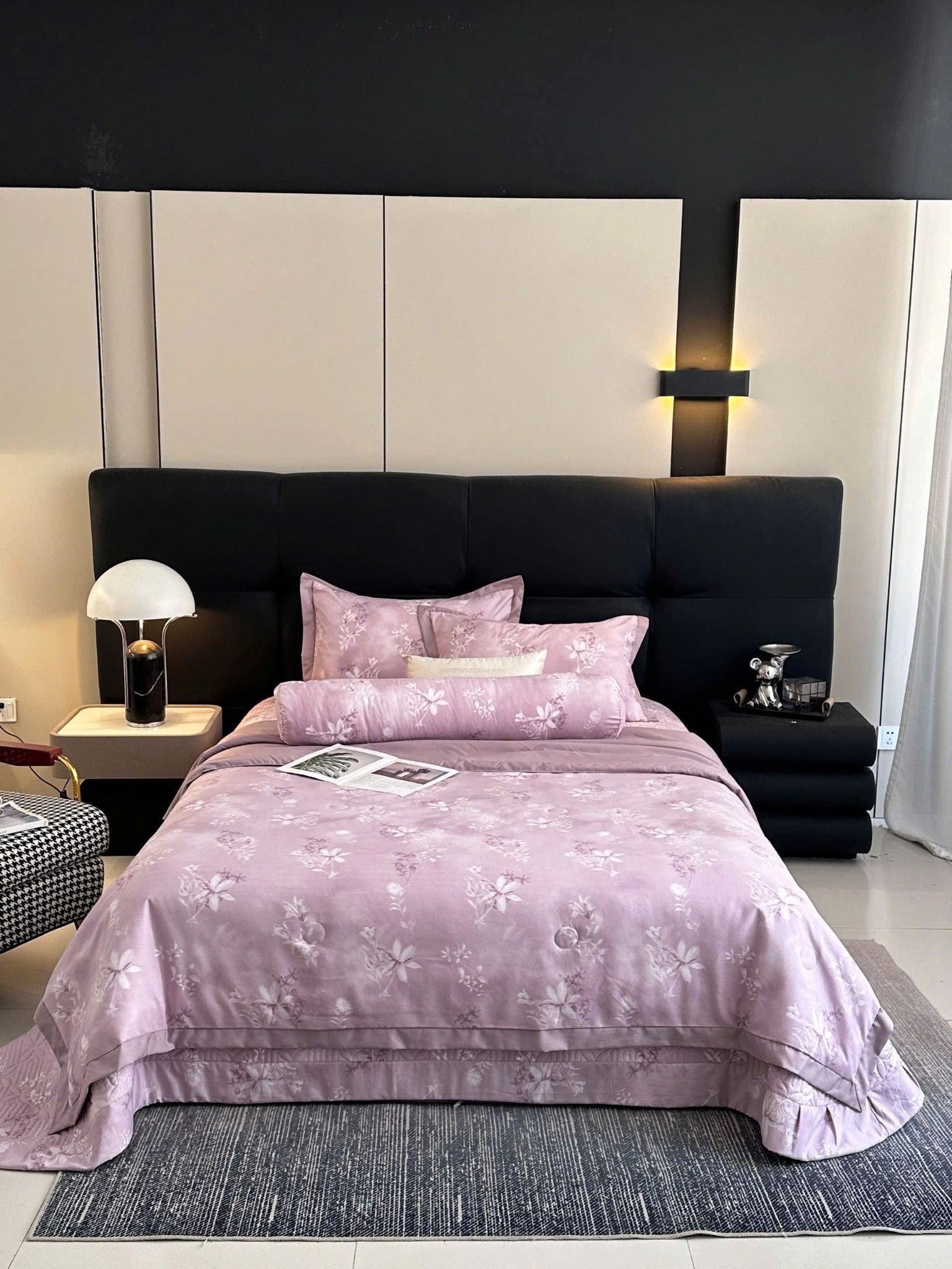  A14 - Bộ Chăn Ga Gối Cotton Lụa Hàn Korea Nine Sweet Hoa Lan Tím Hồng (Chăn & Ga Chần Bông) 