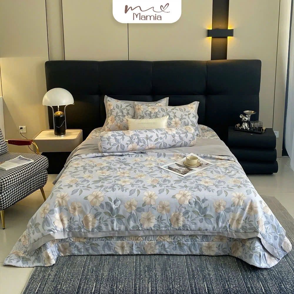  A01 - Bộ Chăn Ga Gối Cotton Lụa Hàn Korea Nine Sweet Hoa Nhài Vàng (Chăn & Ga Chần Bông) 