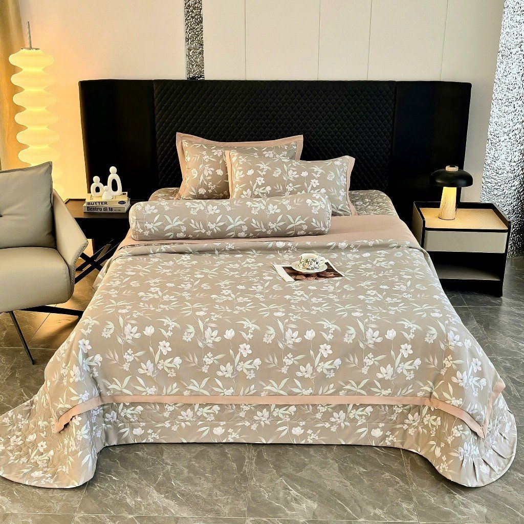  A02 - Bộ Chăn Ga Gối Cotton Lụa Hàn Korea Nine Sweet Hoa Cỏ Trắng (Chăn & Ga Chần Bông) 