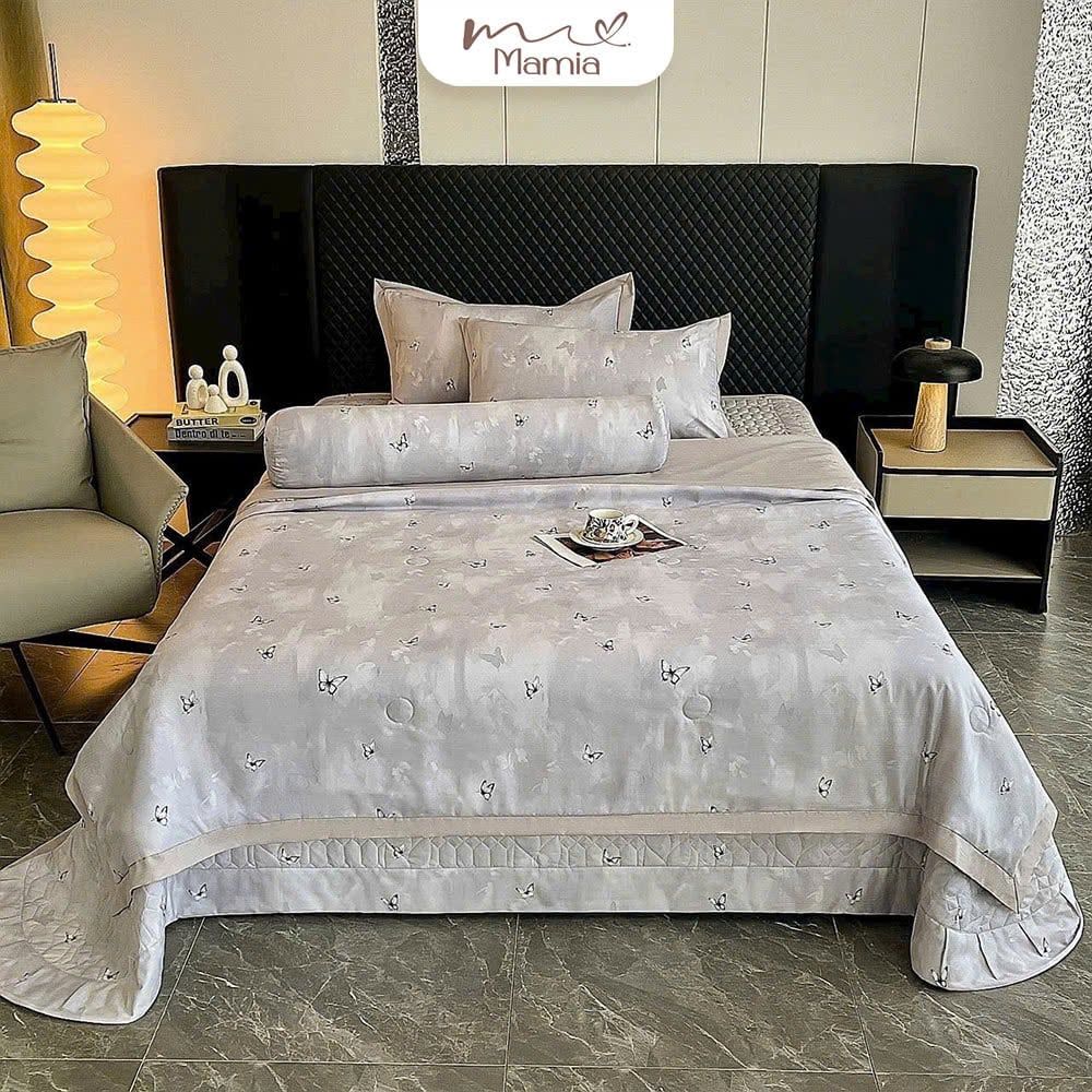  A07 - Bộ Chăn Ga Gối Cotton Lụa Hàn Korea Nine Sweet Bướm Xám (Chăn & Ga Chần Bông) 