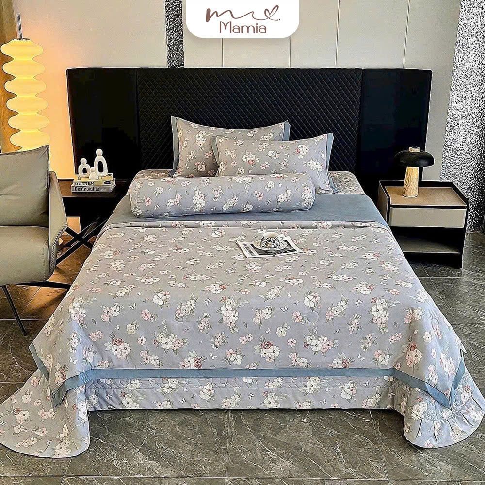  A09 - Bộ Chăn Ga Gối Cotton Lụa Hàn Korea Nine Sweet Hoa Đào Xanh (Chăn & Ga Chần Bông) 