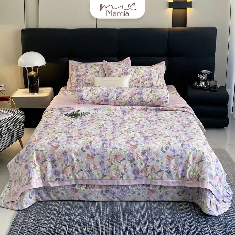  A10 - Bộ Chăn Ga Gối Cotton Lụa Hàn Korea Nine Sweet Hoa Pastel Hồng (Chăn & Ga Chần Bông) 