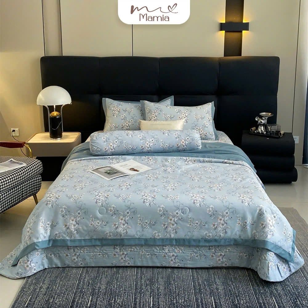  A13 - Bộ Chăn Ga Gối Cotton Lụa Hàn Korea Nine Sweet Hoa Mận Xanh (Chăn & Ga Chần Bông) 