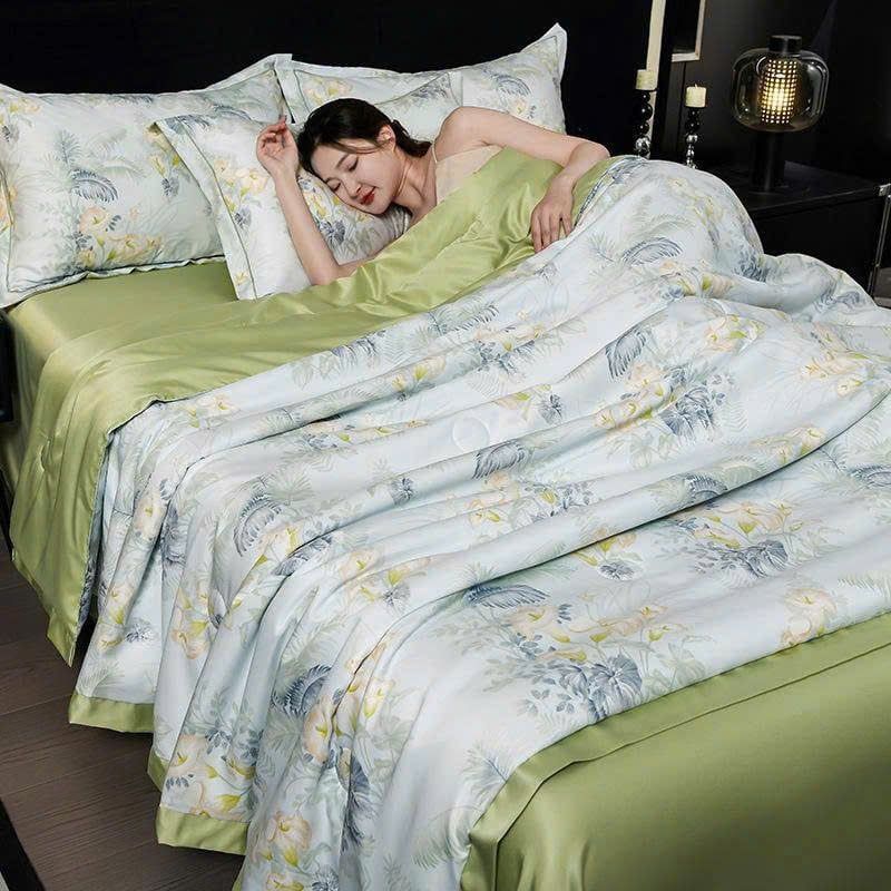  B18 - Bộ Chăn Ga Gối Lụa Thái 4 Món Lá Cọ Xanh Cốm 