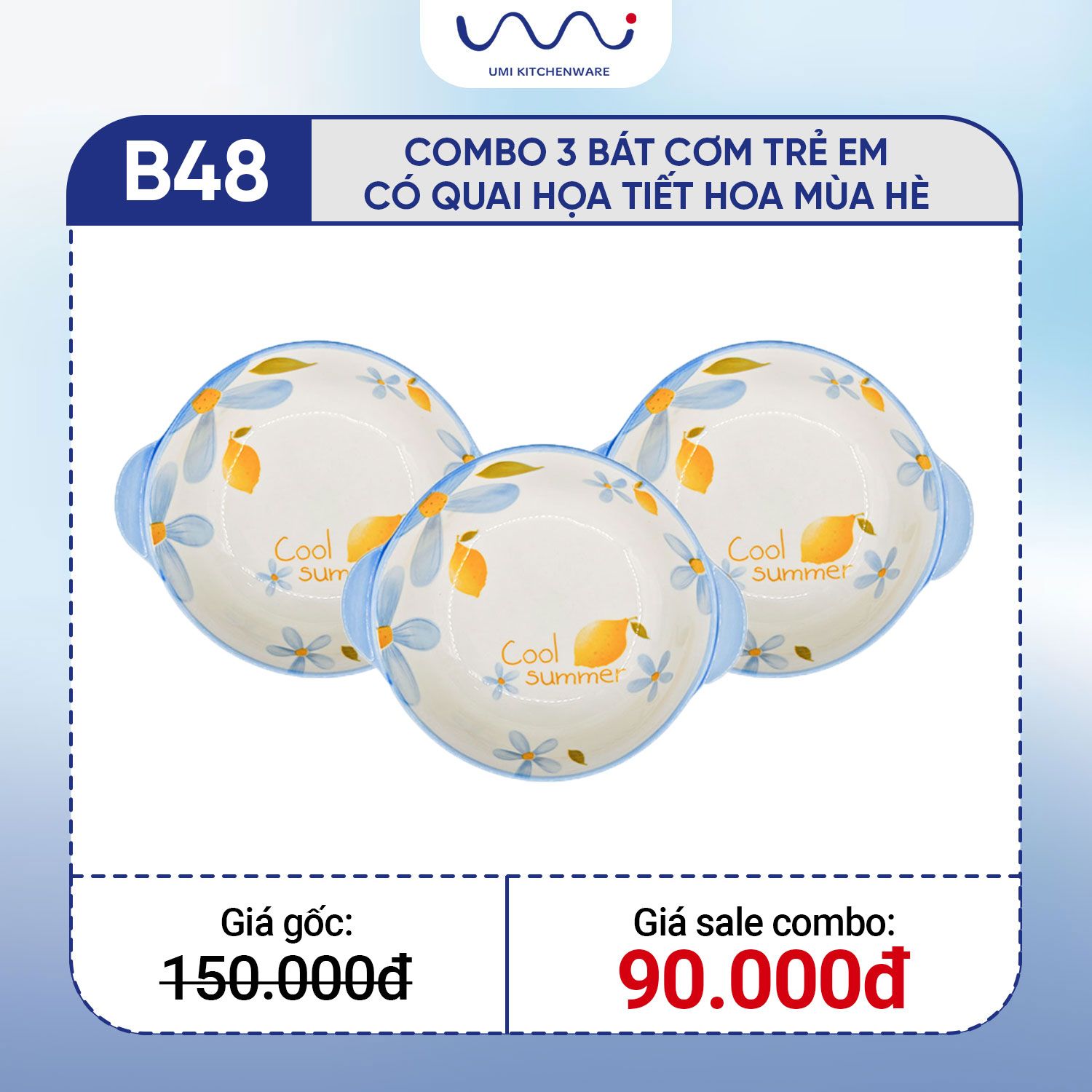  B48 - Combo 3 bát cơm trẻ em có quai họa tiết hoa mùa hè 