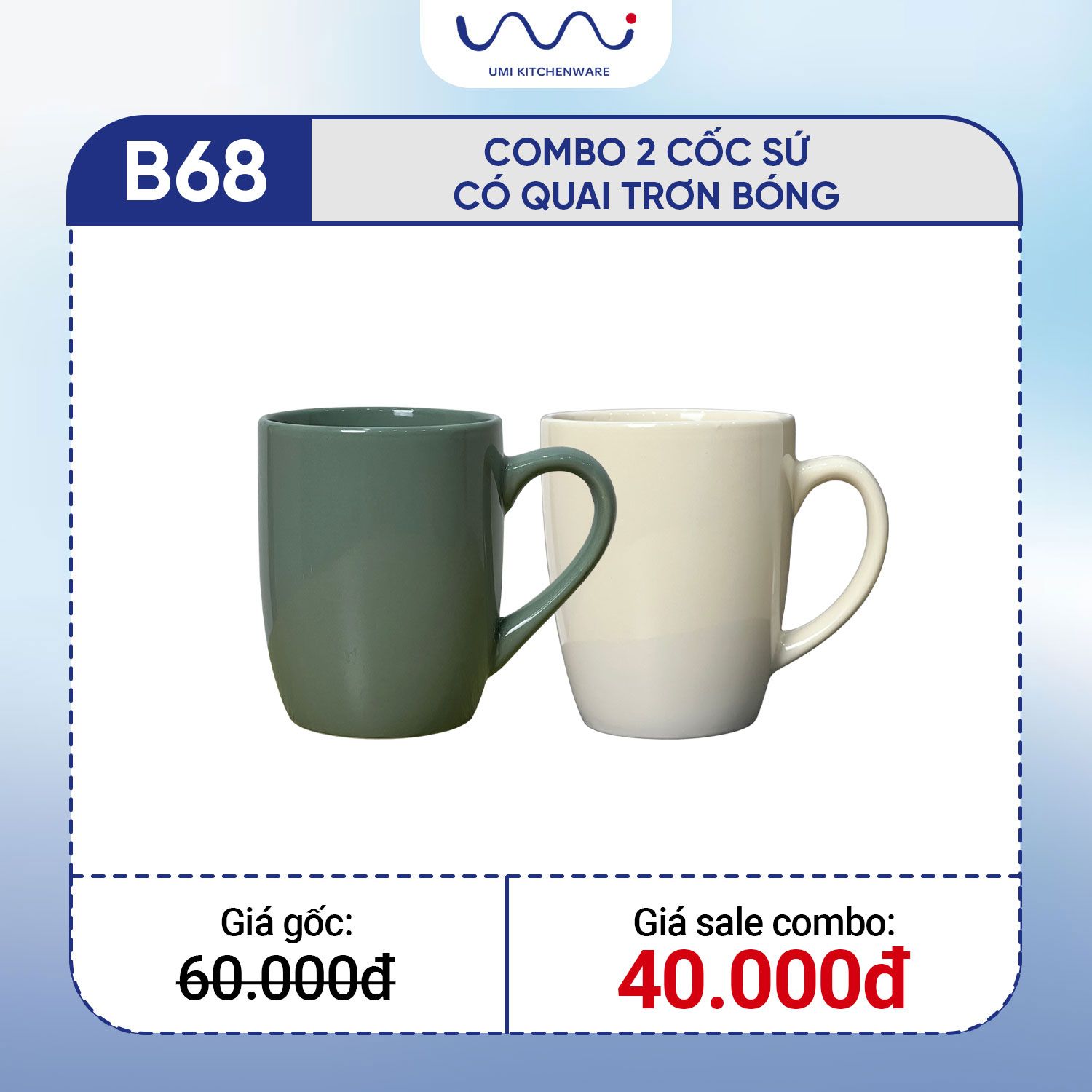  B68 - Combo 2 cốc sứ có quai trơn bóng 