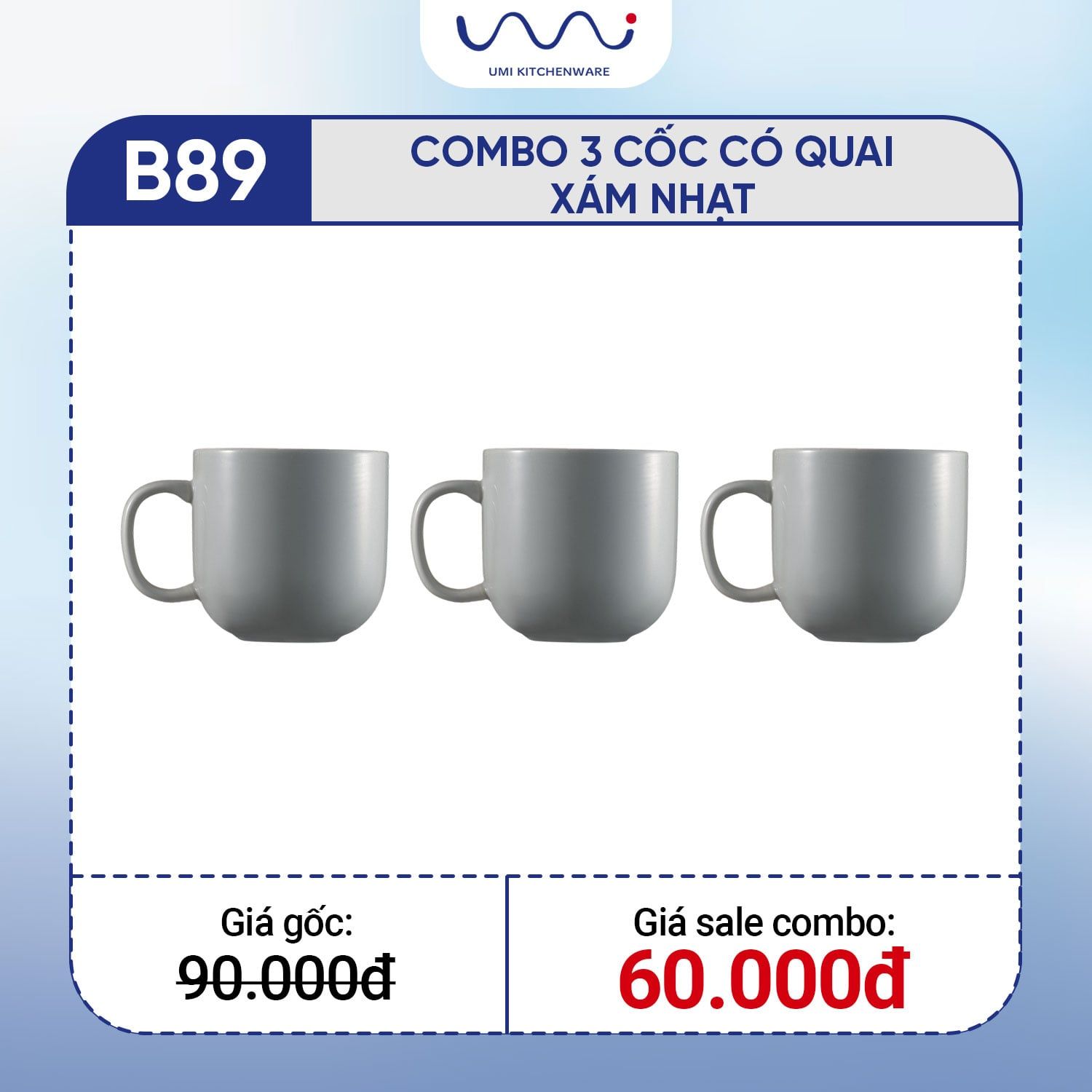  B89 - Combo 3 cốc có quai trơn Xám nhạt 
