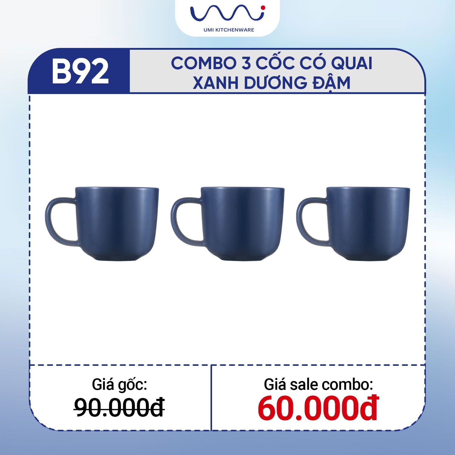  B92 - Combo 3 cốc có quai trơn Xanh dương đậm 