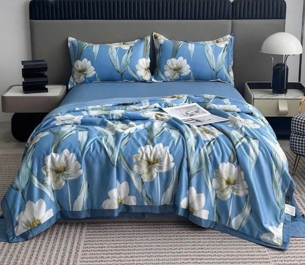  B93 - Bộ Chăn Ga Gối Lụa Thái 4 Món Hoa Cúc Xanh 