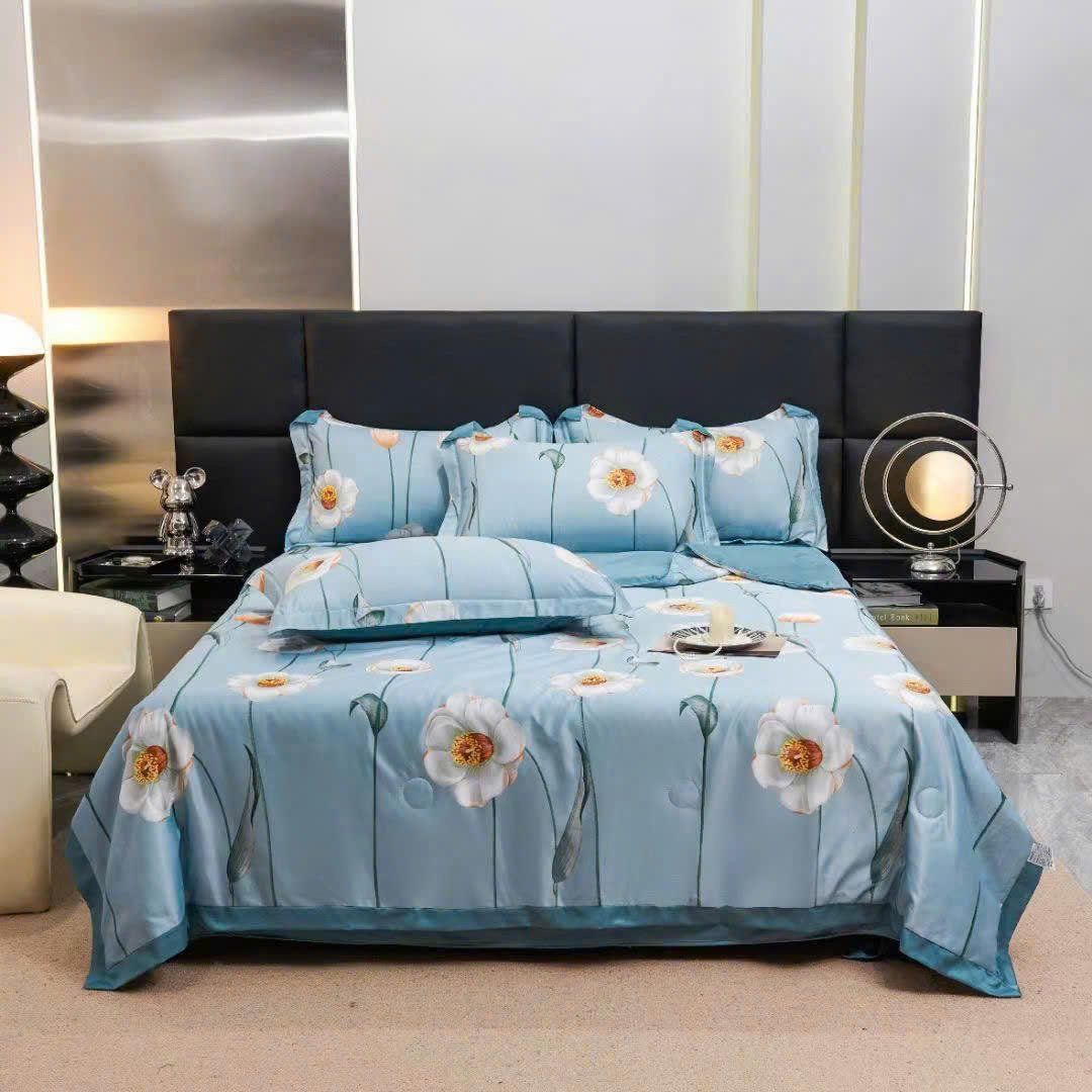  B94 - Bộ Chăn Ga Gối Lụa Thái 4 Món Thủy Tiên Xanh 