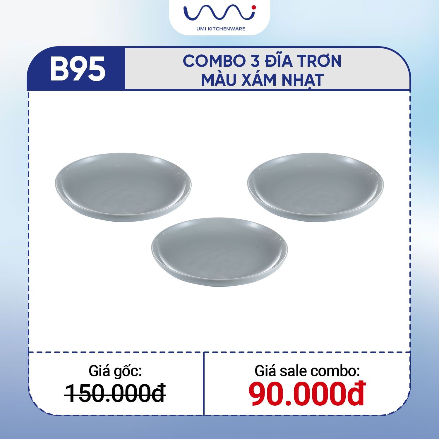  B95 - Combo 3 đĩa trơn màu Xám nhạt 