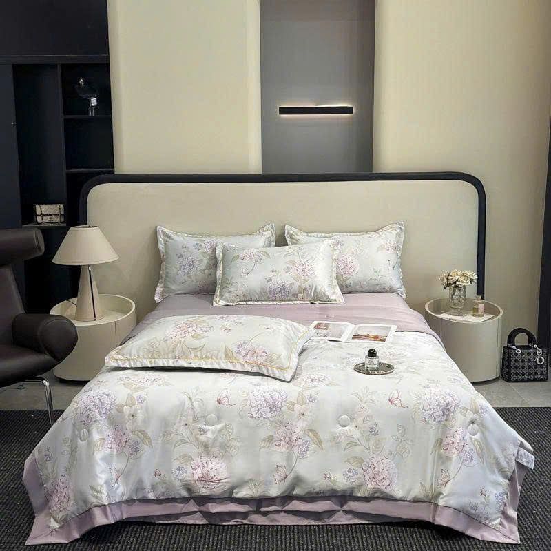  B96 - Bộ Chăn Ga Gối Lụa Thái 4 Món Mẫu Đơn Tím 