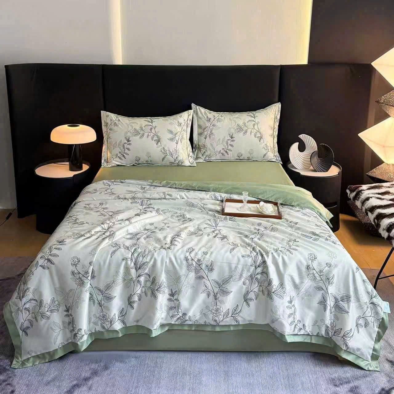  B97 - Bộ Chăn Ga Gối Lụa Thái 4 Món Hoa Trà Matcha 