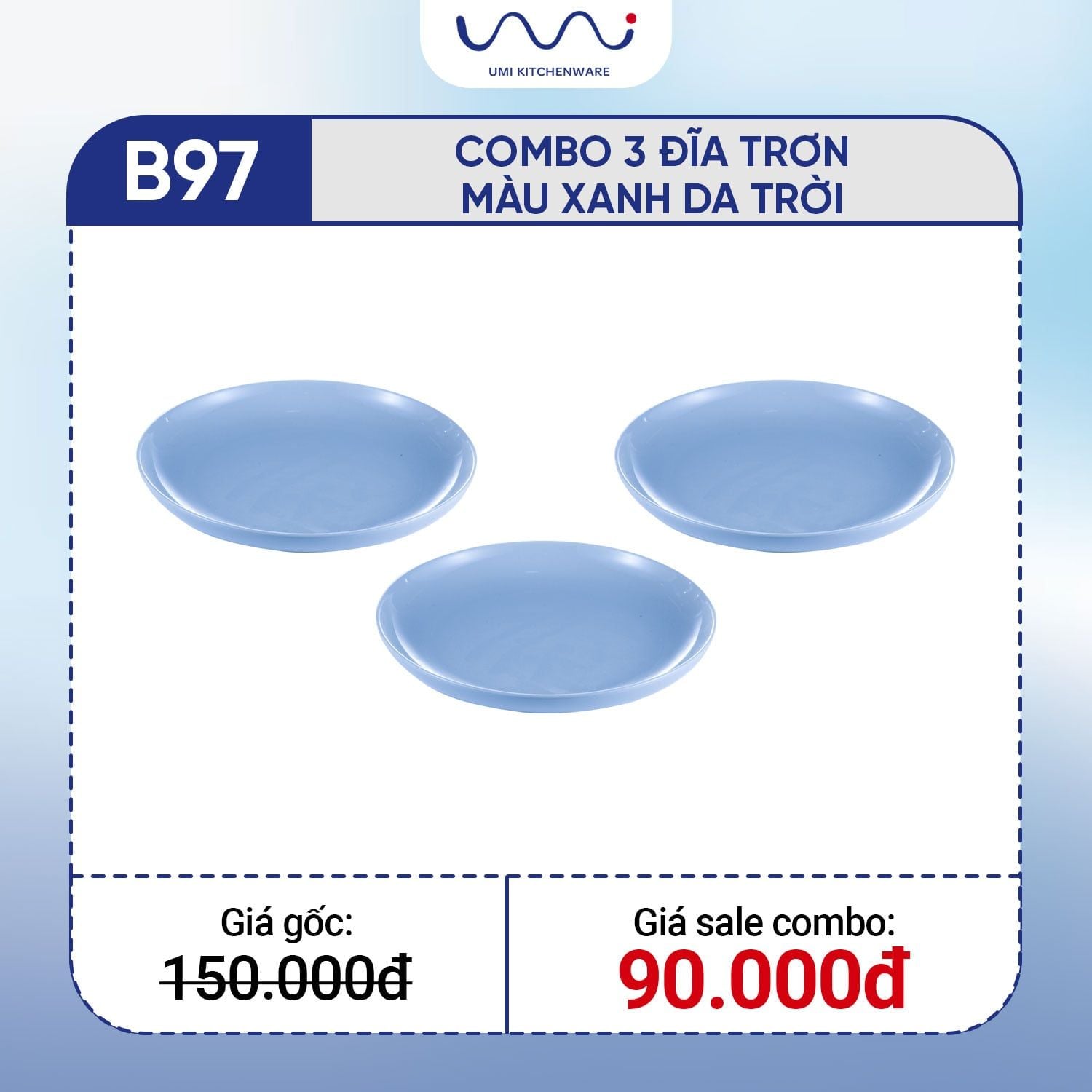  B97 - Combo 3 đĩa trơn màu Xanh da trời 
