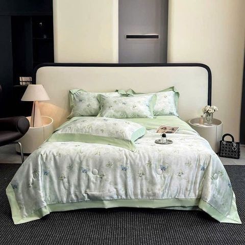  B60 - Bộ Chăn Ga Gối Lụa Thái 4 Món Bướm Xanh Cốm 